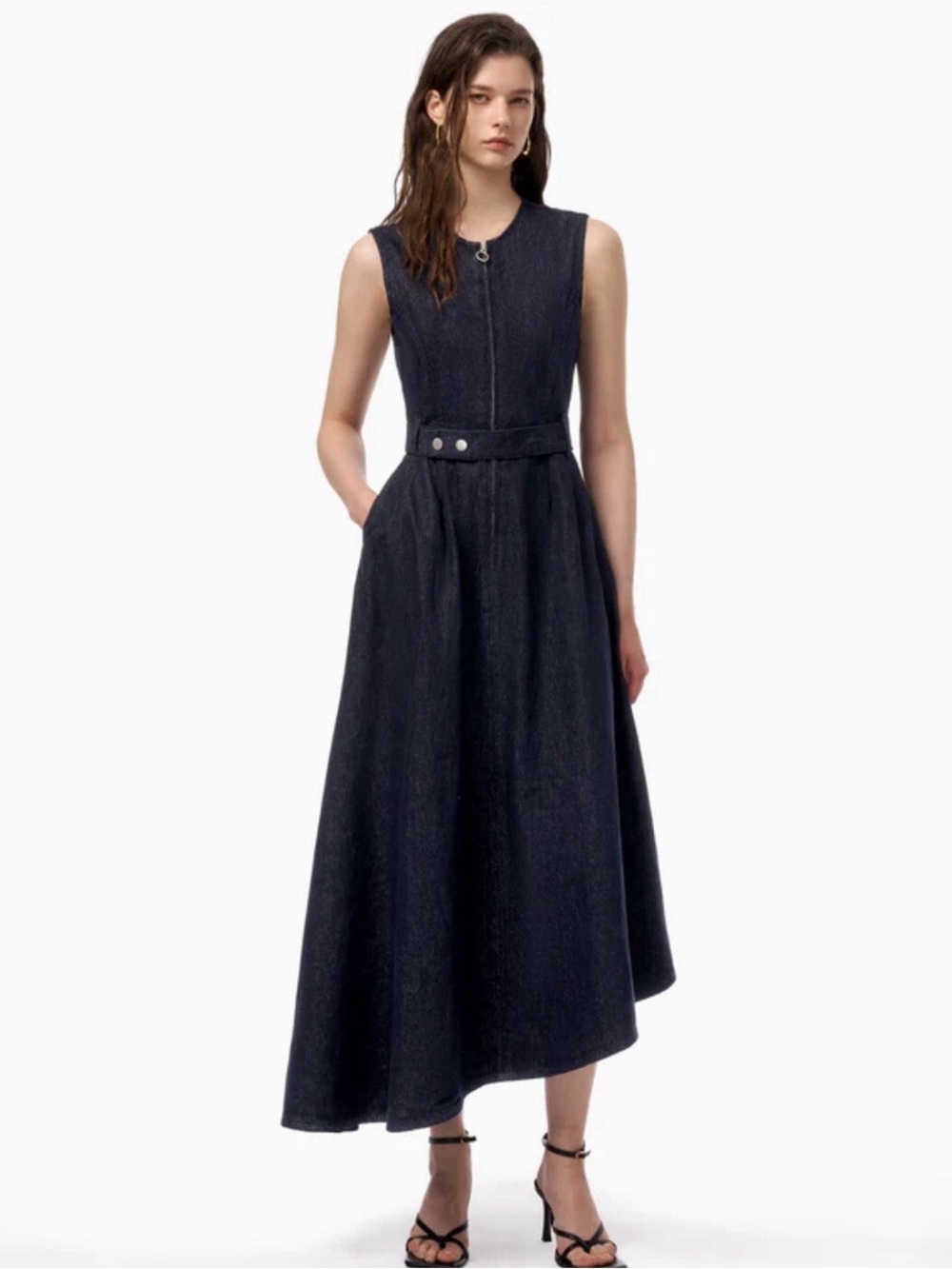 Zara nwot size L Sleeveless Navy Midi Dress with Belt